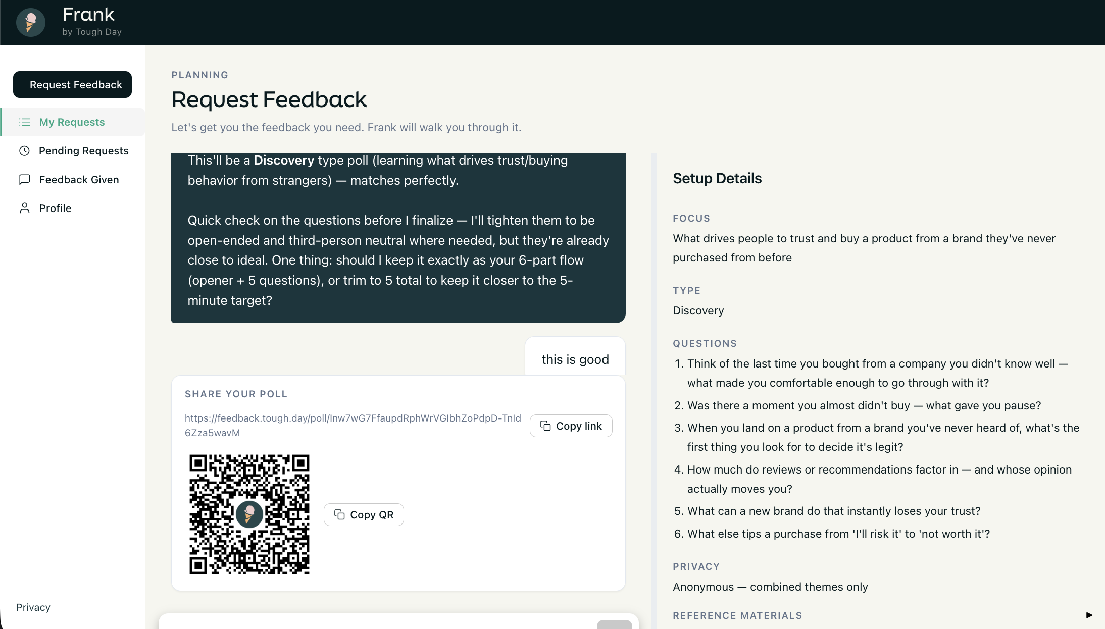 Frank's poll setup showing a shareable link and QR code next to the poll's focus and questions